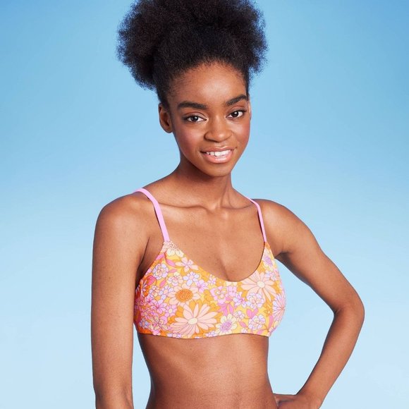 Women's Scoop Bralette Bikini Top Wild Fable Orange Floral Print Large - Picture 4 of 8